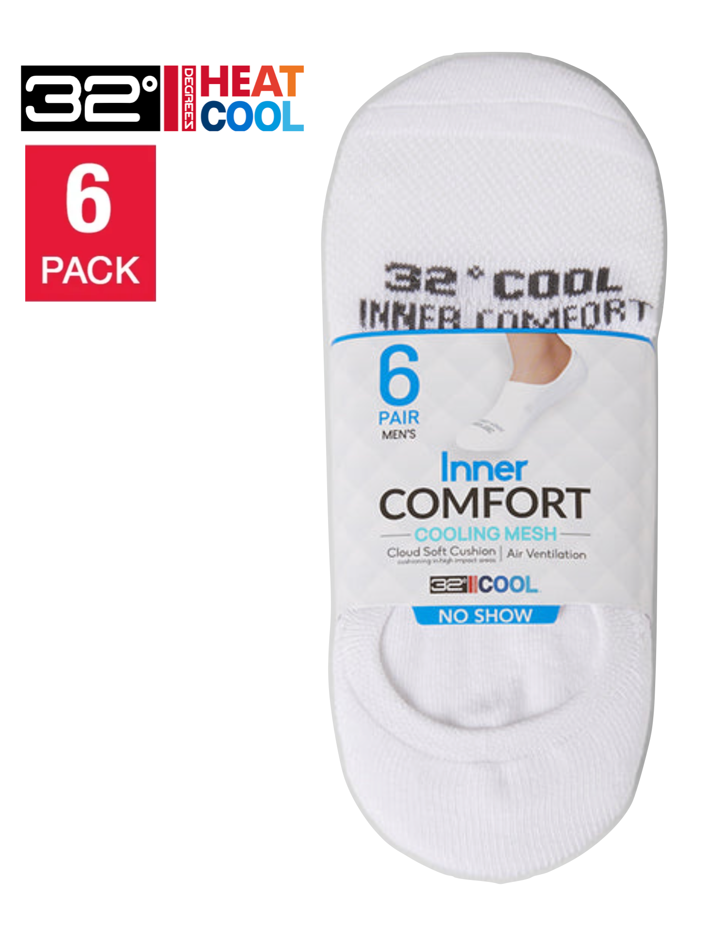 32 Degrees Men's Cool Comfort Socks, No Show, White - (6-Pack)